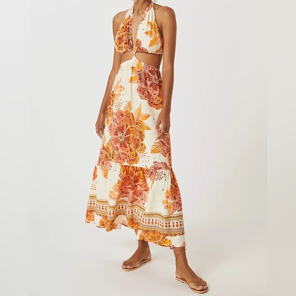 Farm Rio x Anthropologie Cutout Floral Maxi Dress in Neutral Motif Size L
